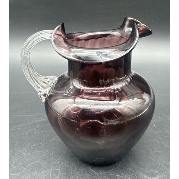 VTG Beacon Glass Co Amethyst PURPLE Coin Dot Ruffled Top Pitcher Bud Vase 5” - Picture 3 of 7